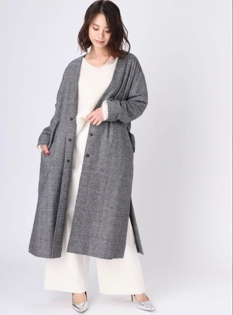 Ungrid Check Coat, Collarless Long Cardigan, Outerwear, Gray