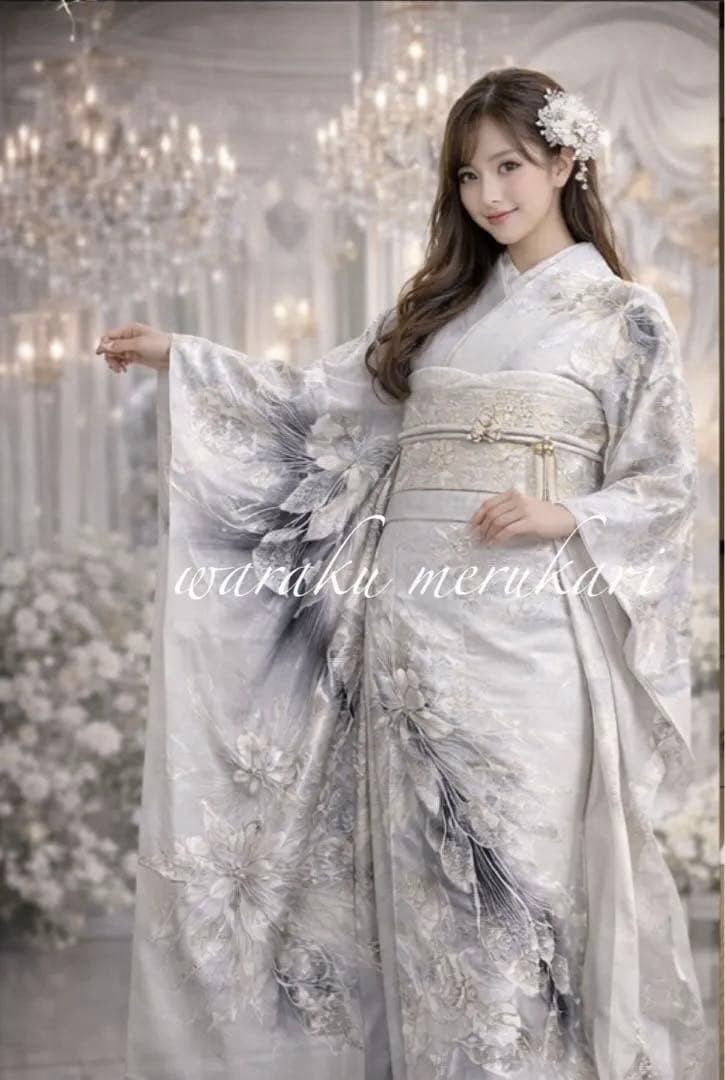 ♦︎Luxurious and Splendid♦︎Silver Glaze Processing♦︎Unique and Cool Moon-Blooming Cereus Pattern♦︎White-Toned Furisode♦︎Full Custom Order