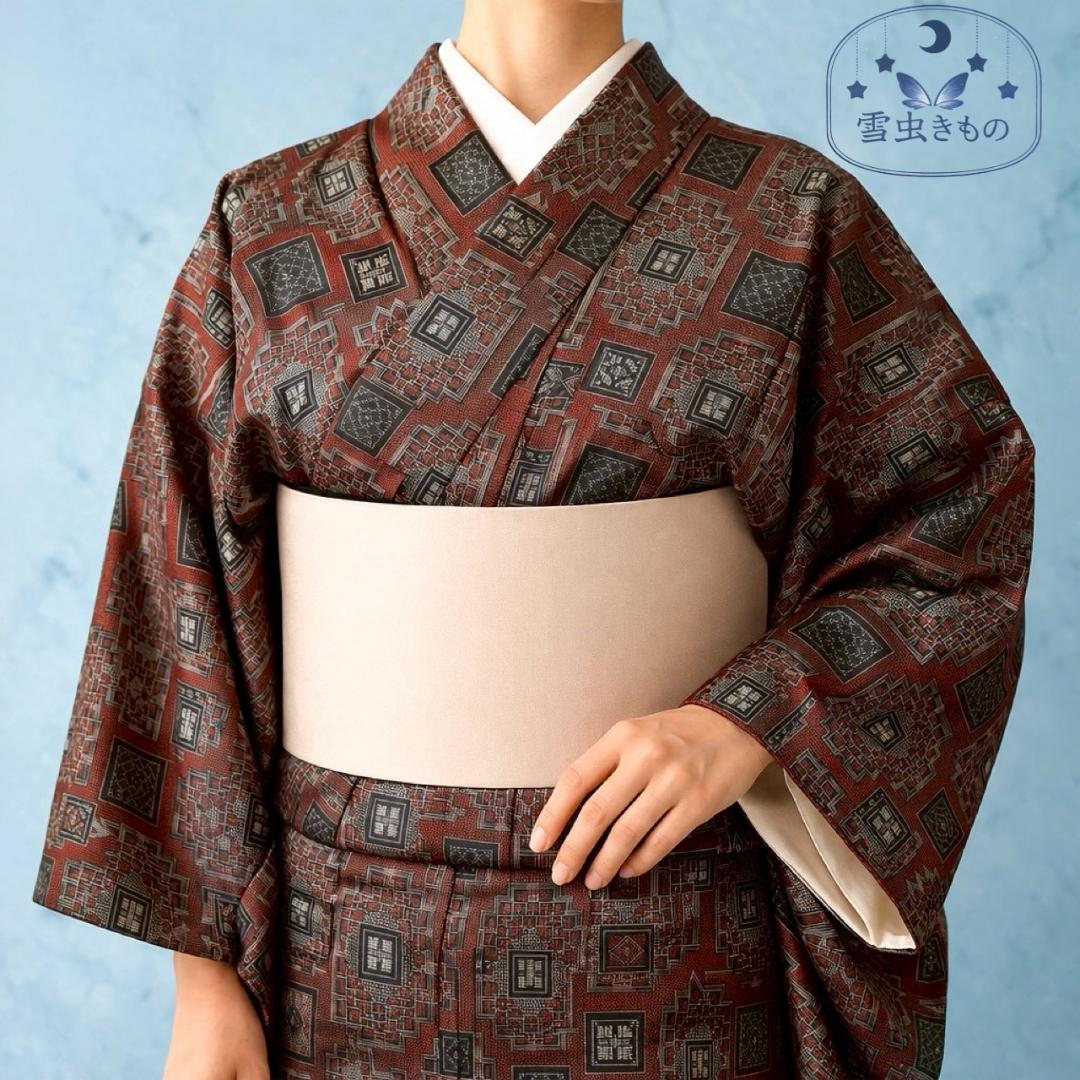 PP11-125 Kimono Tsumugi Komon Lined Silk Black Burgundy Target Height ~160cm