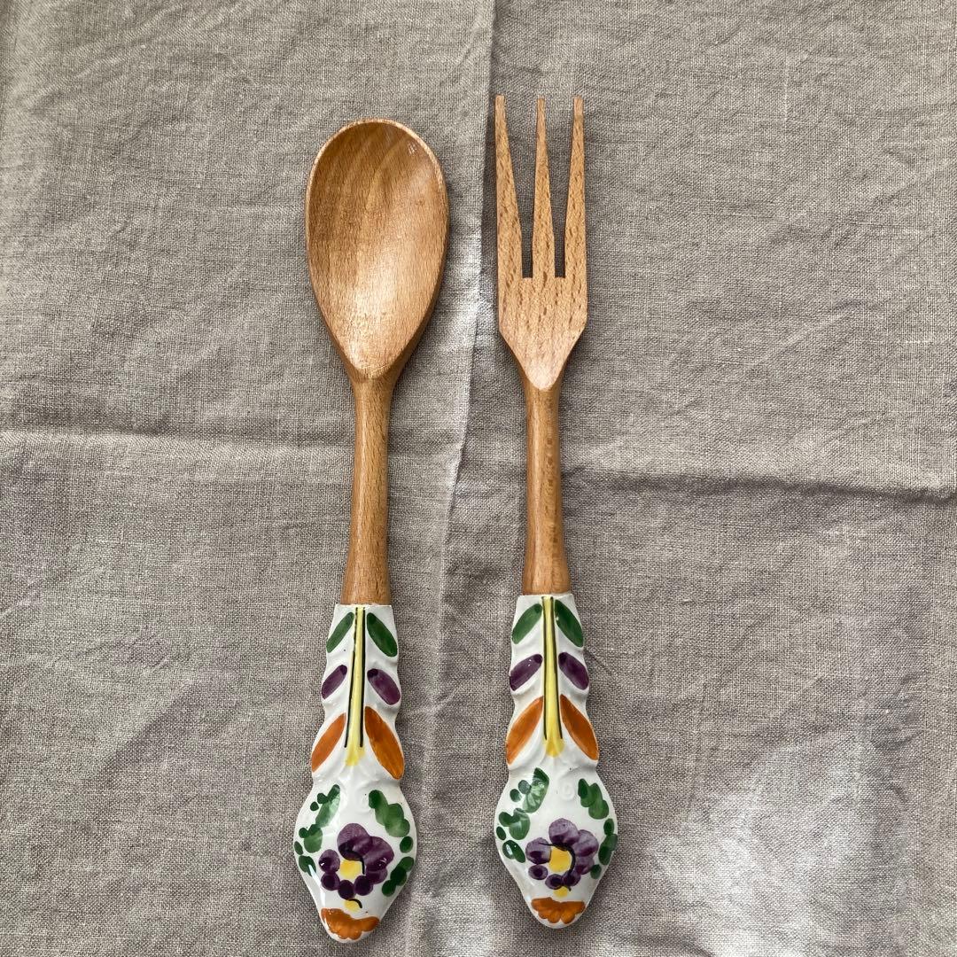 Salad server, wooden, ceramic handle