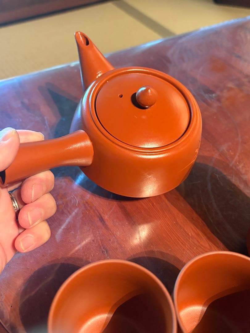 Tokoname Ware, Vermilion Clay, Kyusu Teapot and 5 Yunomi Teacups Set