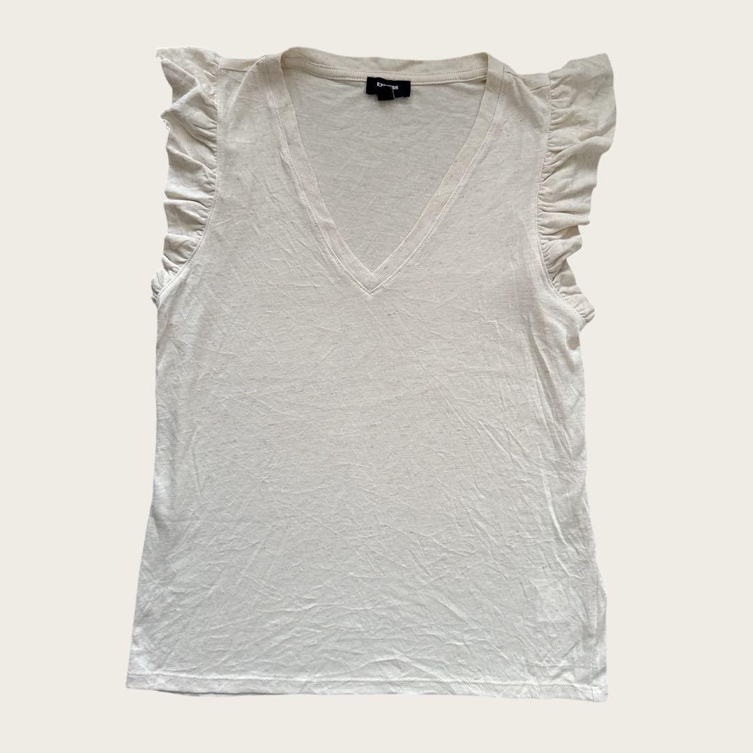 V-neck Ruffle Sleeve Top, Off-White, Women's, Used Clothing