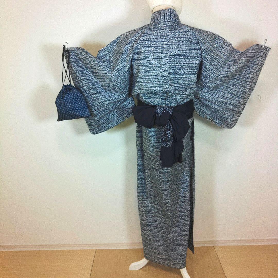 Men's Yukata Set, 140cm Length, Hand-stitched, Blue, Heigobi Obi (Sash), Navy, Drawstring Pouch