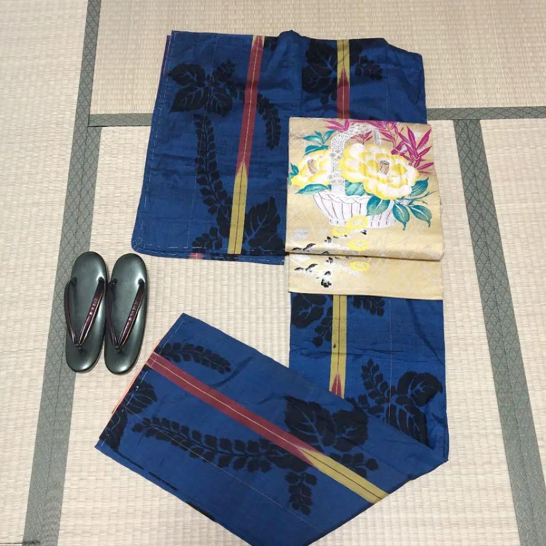 ✨Antique Kimono✨Awase Komon✨Beautiful blue with black paulownia and red/yellow arrow feather pattern✨