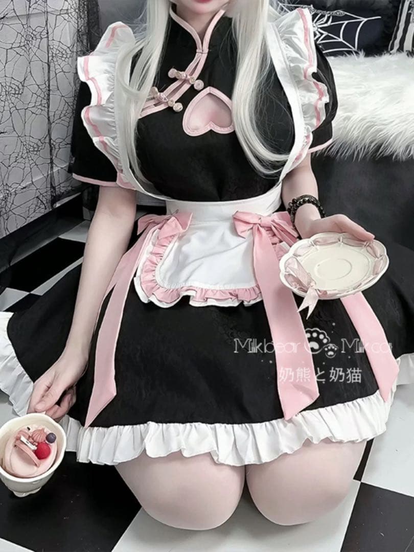 Maid Outfit Style Chinese Dress, Black and Pink, Unused Sample Item
