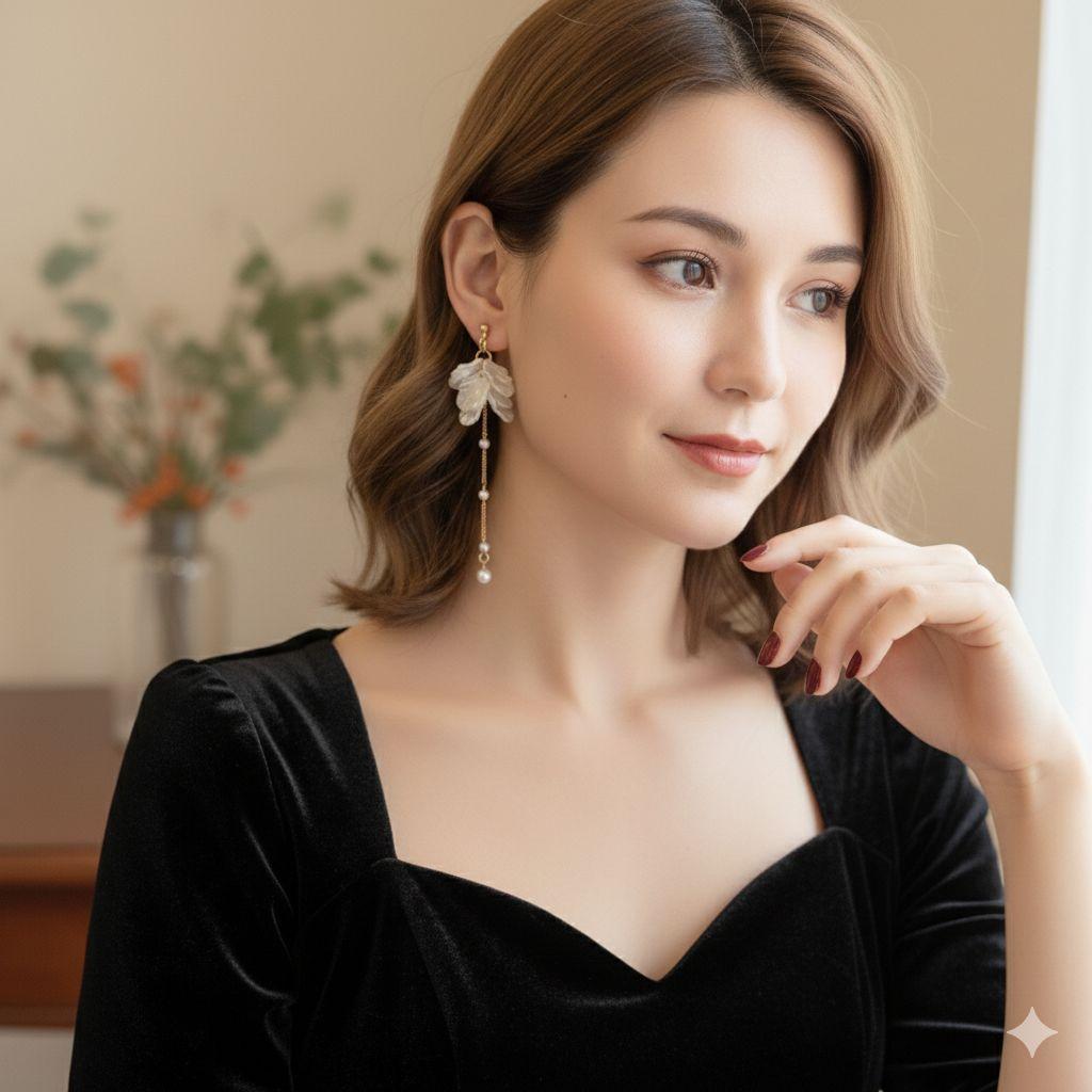 Flower Earrings Set of 2, Dangling Pearls, Elegant, Wedding, Party, Adult Cute