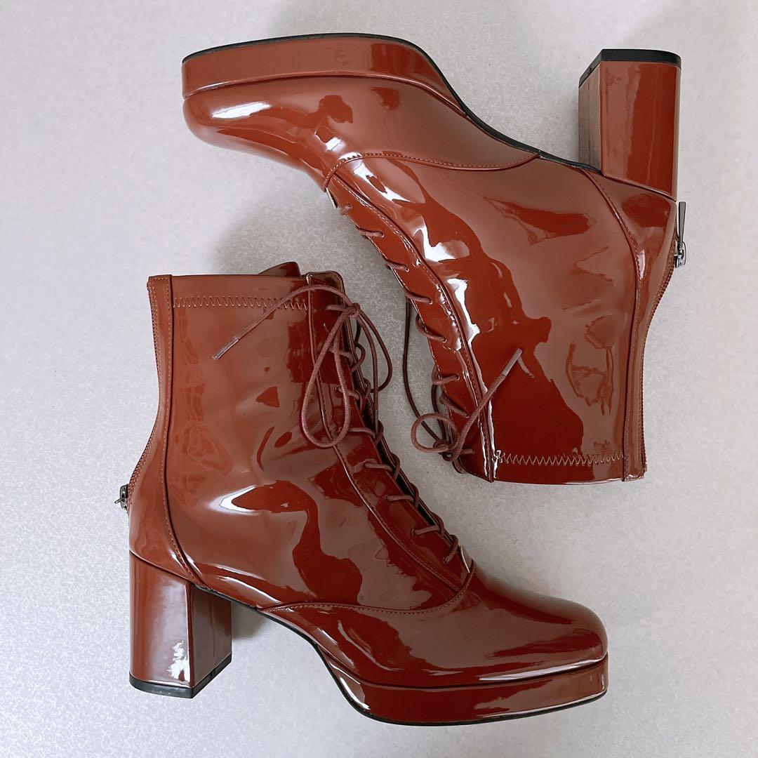 GEMMA LINN Lace-up Boots Patent Leather Back Zip Brown