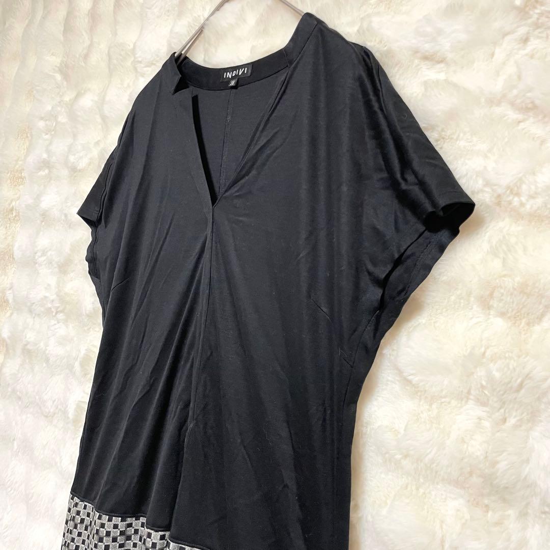 Indivi Dress Black Gray [38] Color Block Check V-Neck