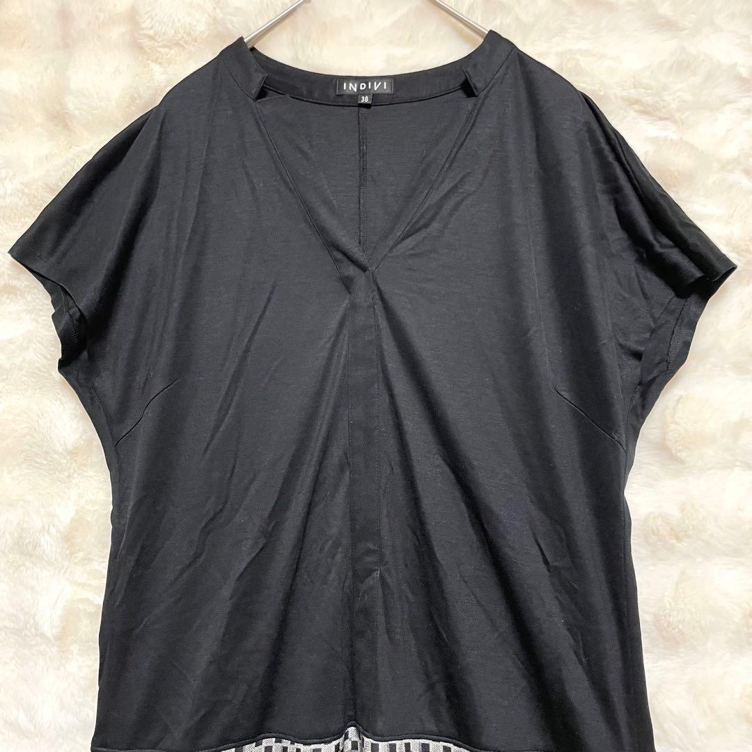 Indivi Dress Black Gray [38] Color Block Check V-Neck