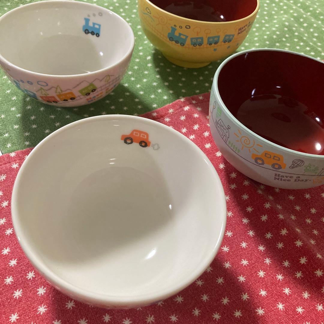Children's Rice Bowl and Soup Bowl Set with Vehicle Pattern - 2 Sets Total 4 Pieces
