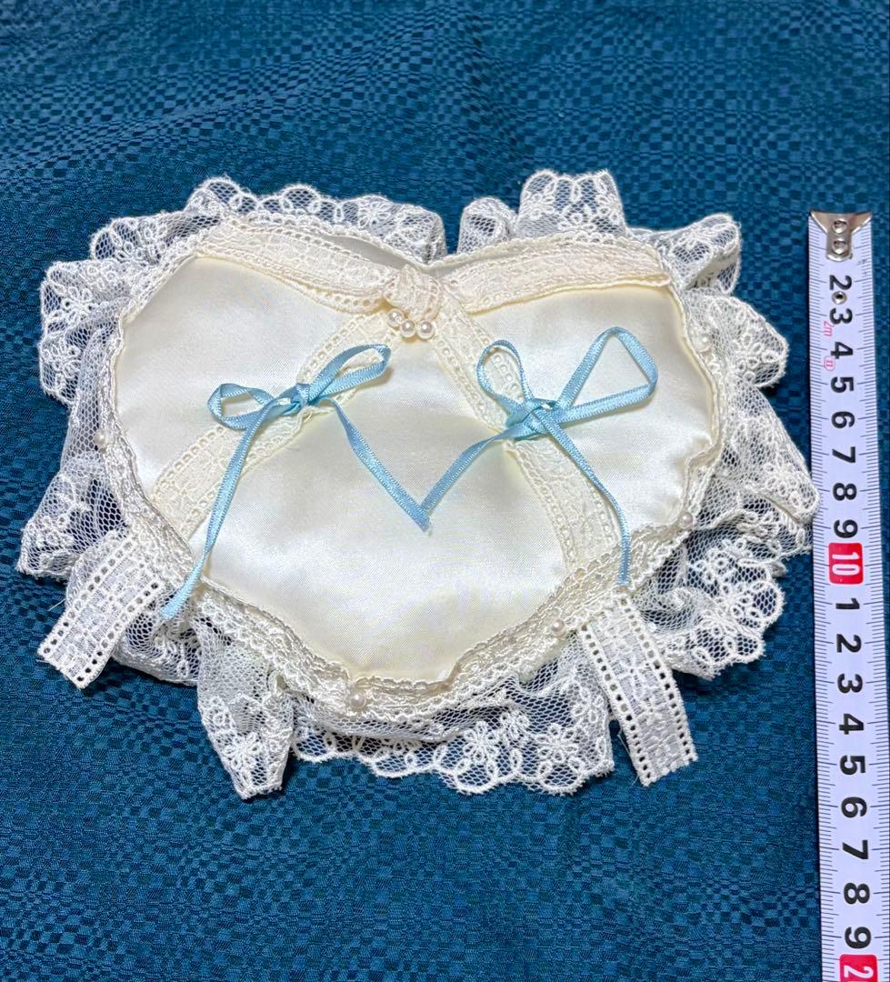 【Handmade】Ring Pillow, Heart-Shaped, White, Lace, Light Blue Ribbon