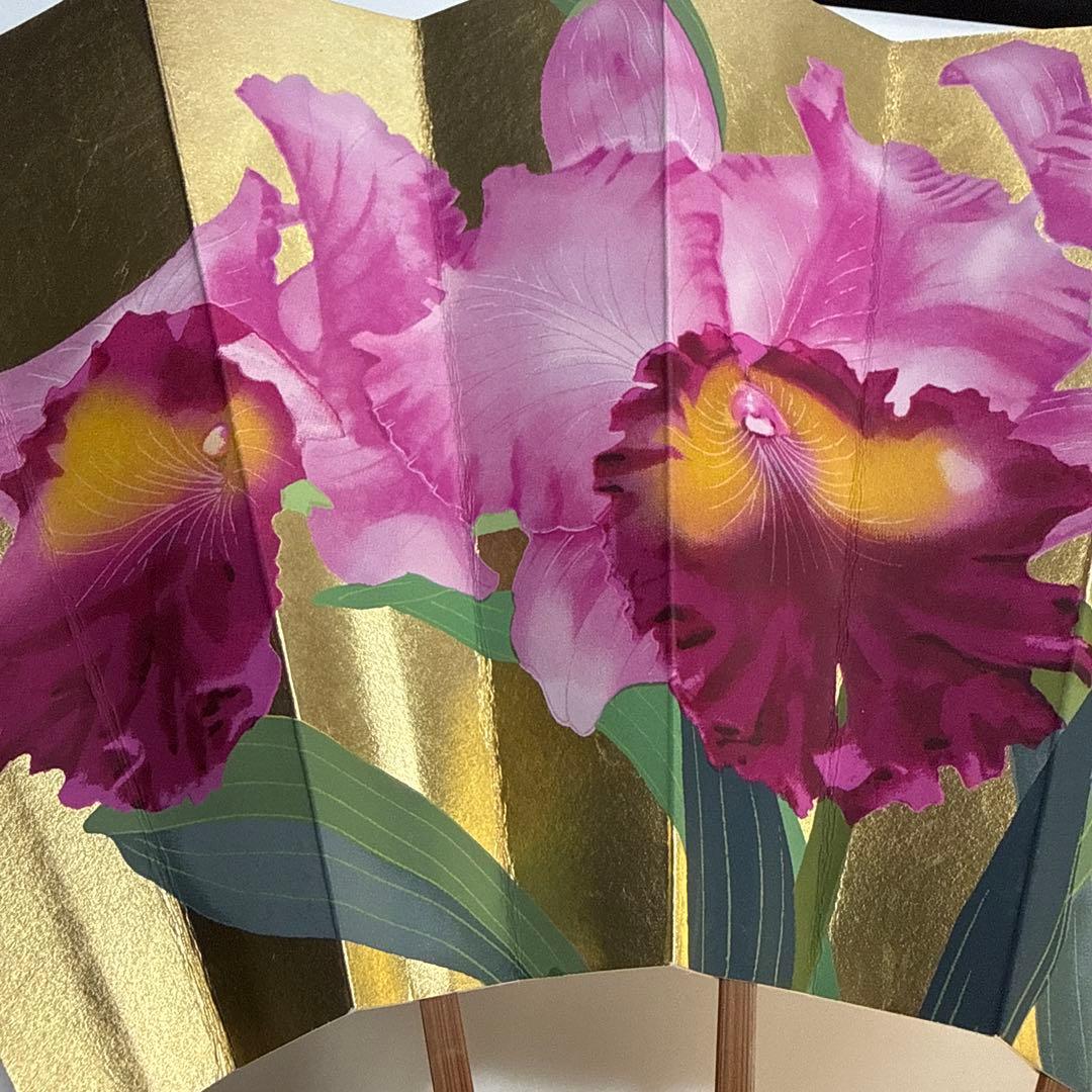 Takashimaya Decorative Fan Cattleya Tatsuzo Shimizu Previous Generation Brush Gold Background Art Fan