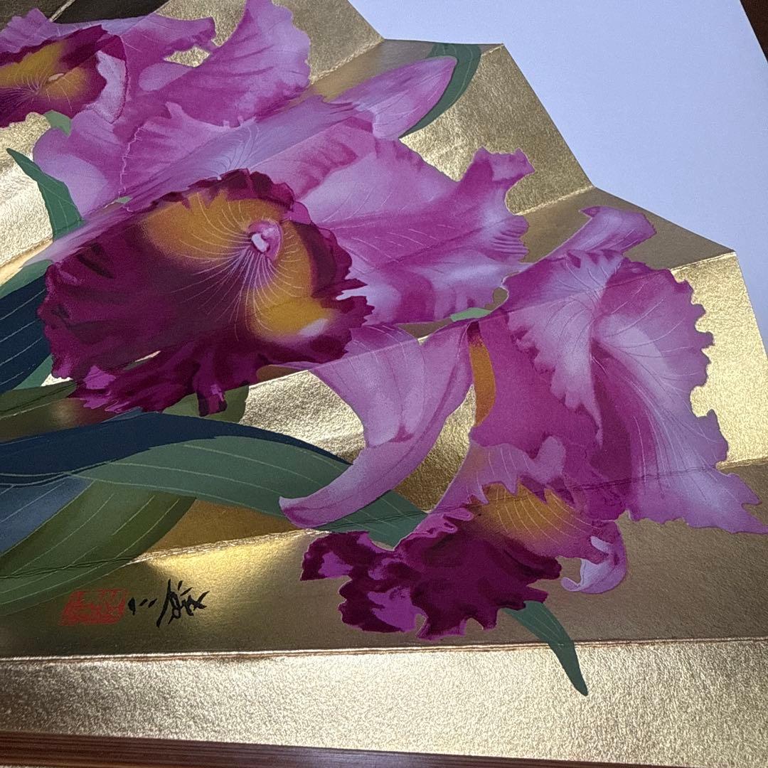Takashimaya Decorative Fan Cattleya Tatsuzo Shimizu Previous Generation Brush Gold Background Art Fan