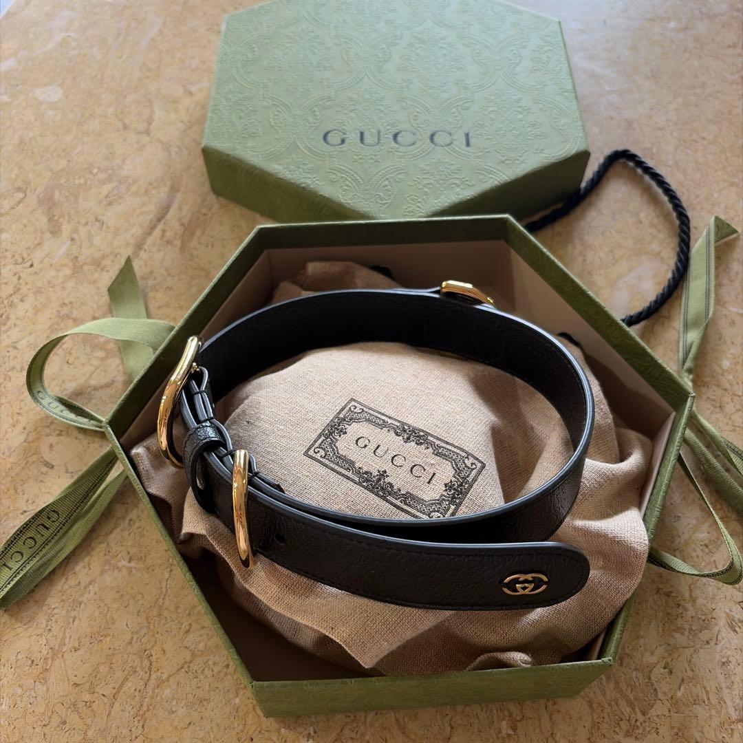 GUCCI Black Leather Collar Size L Fits 43-53cm Gold Hardware