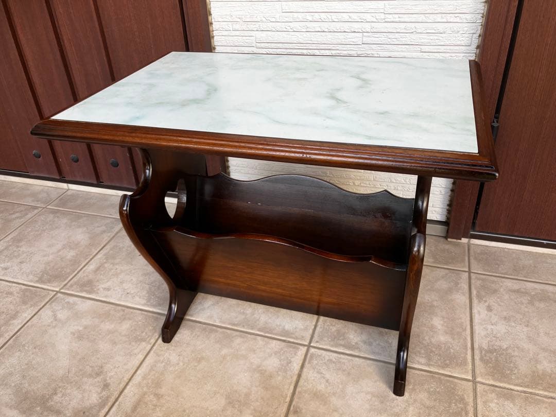 Showa Retro ?? Heart ?? Wooden Side Table ??Marble-look Top ??With Magazine Rack