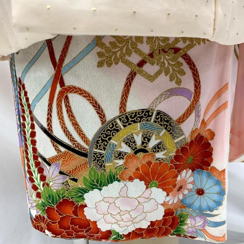 605ag68□Shichi-Go-San 3-Year-Old Girl's Semi-Antique Kimono & Hifu (Jacket) with Flower Cart and Fan Motif □ Beautiful Condition