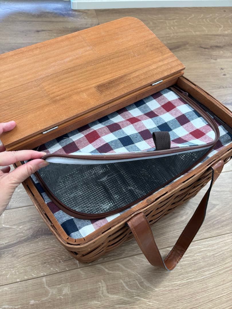 Costco Purchase Wooden Picnic Basket Plaid