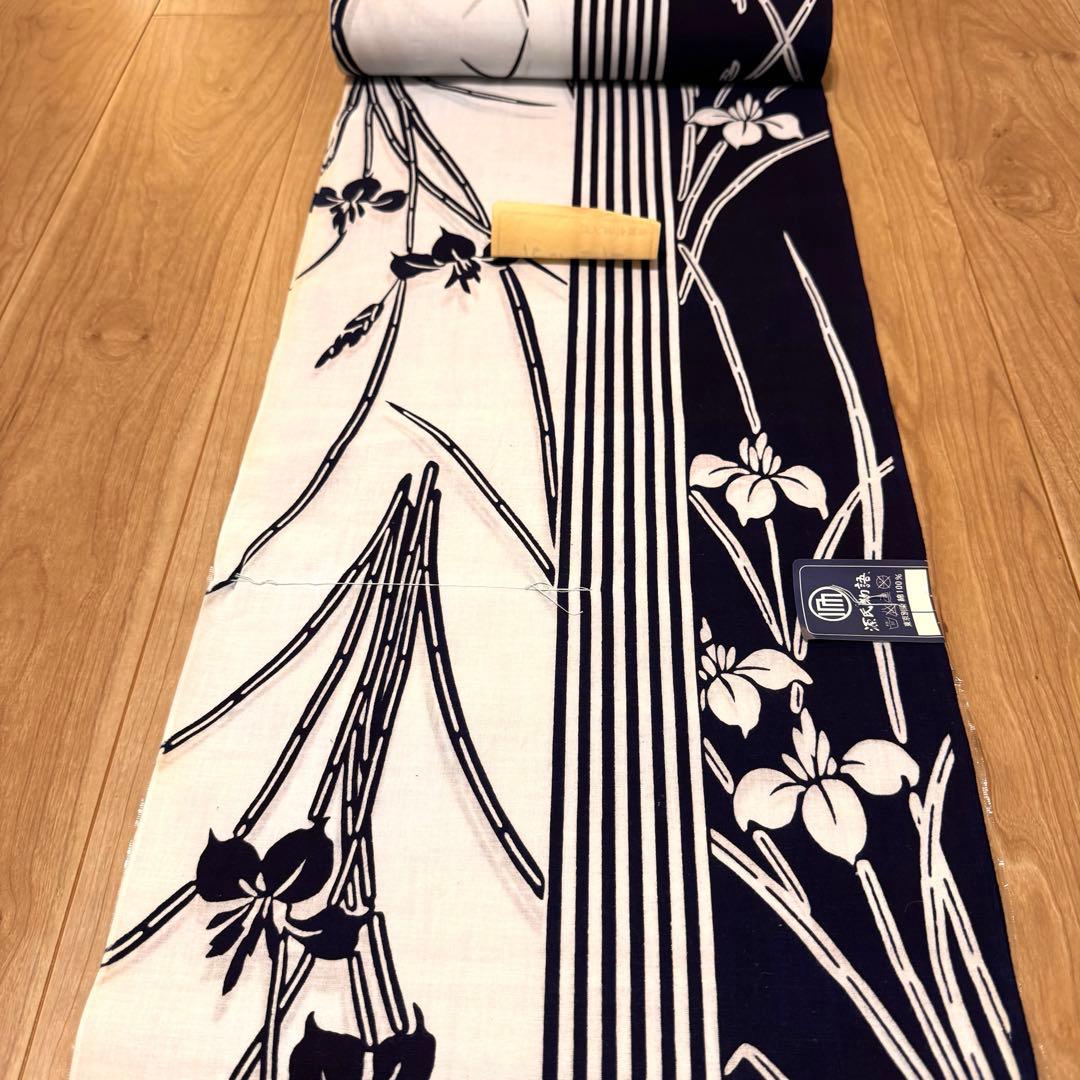 Unused Yukata Fabric with Stitching, Genji Monogatari (Tale of Genji) Design, Koma Cotton, Hon-zome (Hand-dyed), Chusen (Technique), Iris/Ayame, Japanese Iris/Shobu, Navy Blue, White