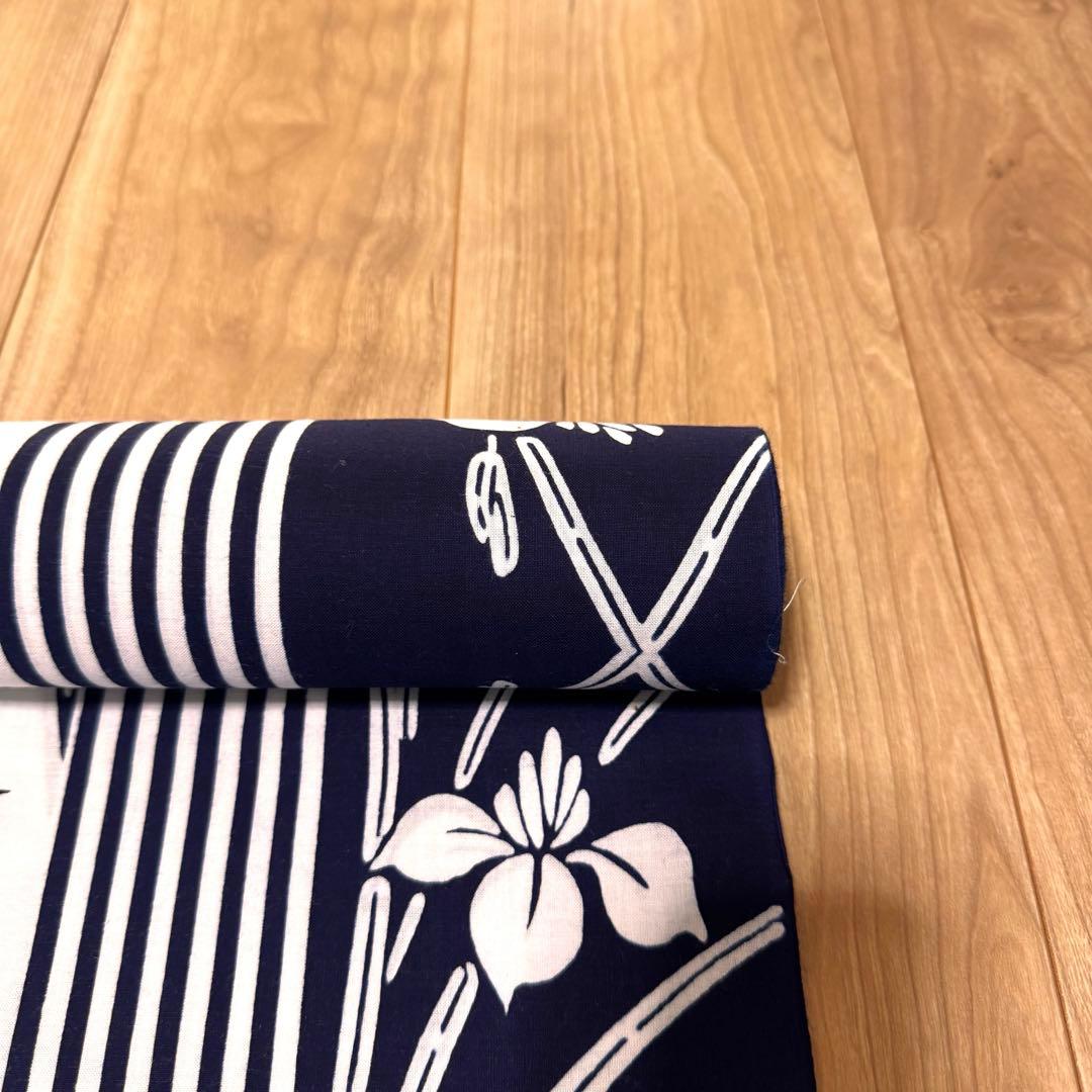 Unused Yukata Fabric with Stitching, Genji Monogatari (Tale of Genji) Design, Koma Cotton, Hon-zome (Hand-dyed), Chusen (Technique), Iris/Ayame, Japanese Iris/Shobu, Navy Blue, White