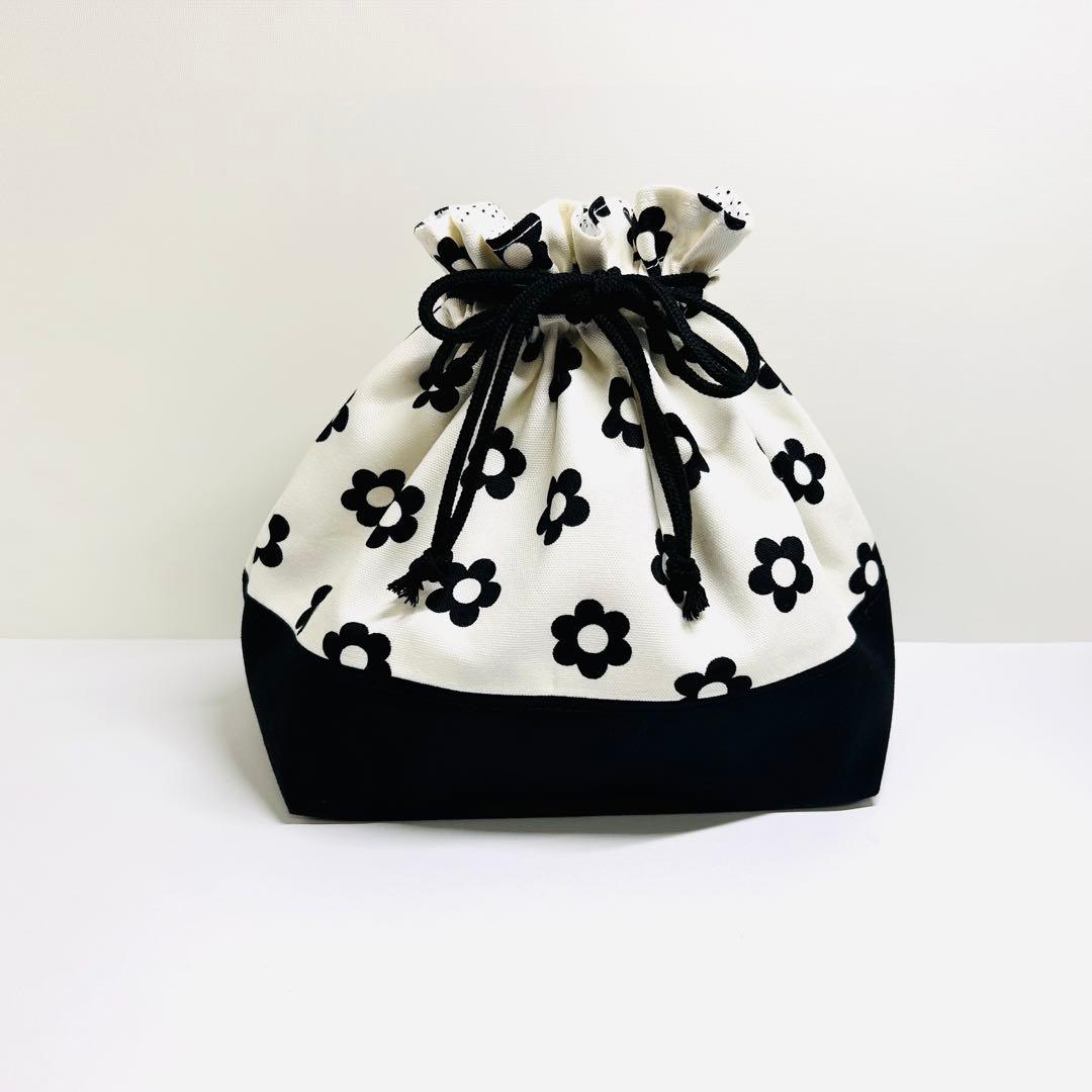 Lunch Bag, Marguerite, Black, Handmade, Drawstring Bag, [986]